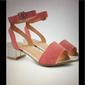 Pink sandals with silver block heels